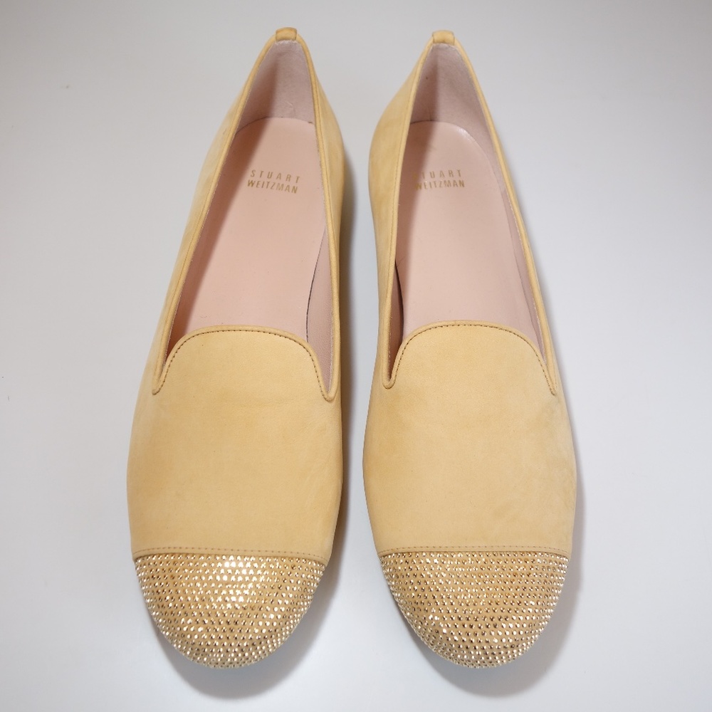 Stuart Weitzman Leather Suede Flat Loafers w/ Studded Cap Toe, Size 10 M